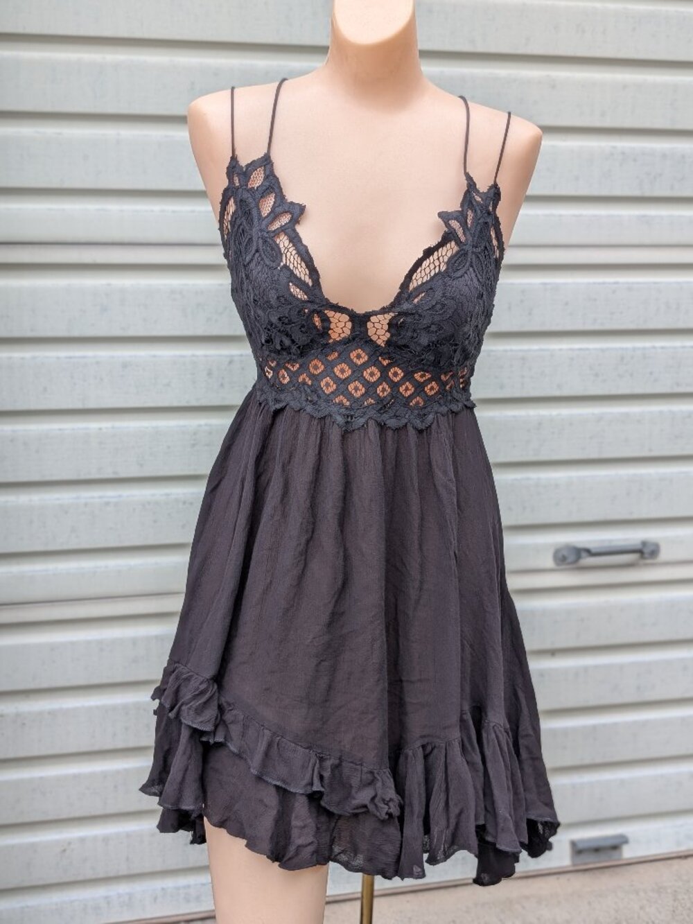 Free People One Adella Slip Dress Black Crochet Lace Boho Whimsigoth Mini Large